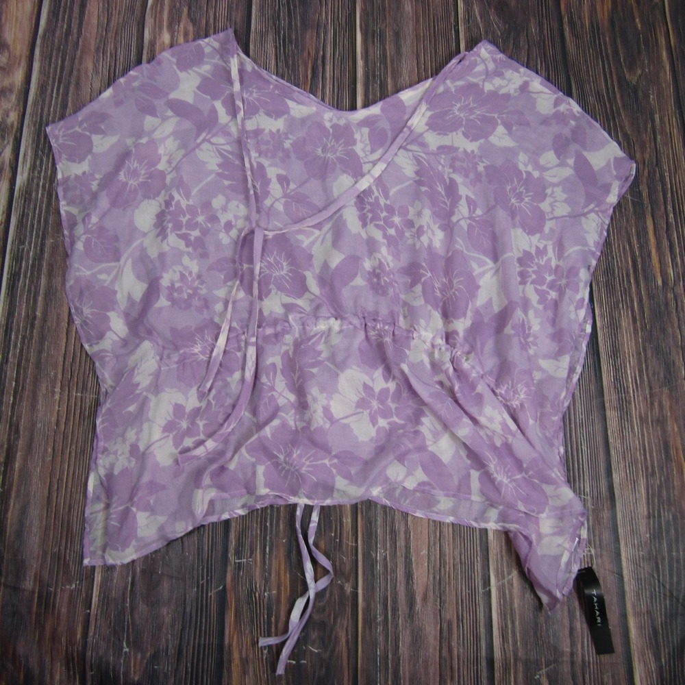 Tahari Shirt Womens One Size Purple Floral Sheer Drawstring‎ Kimono Boho Top